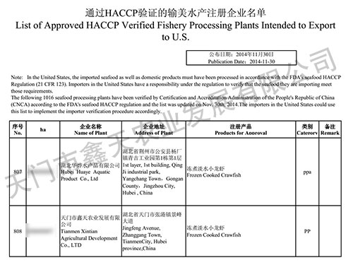 通过HACCP验证的输美水产注册企业名单